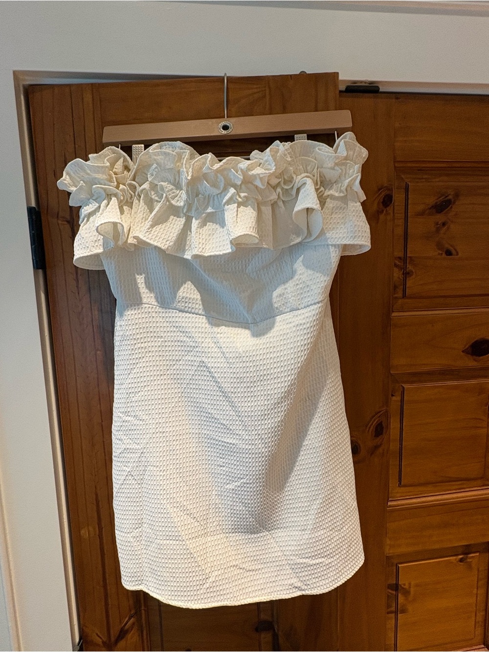 She + Sky Cream Strapless Ruffle Textured Mini Dress